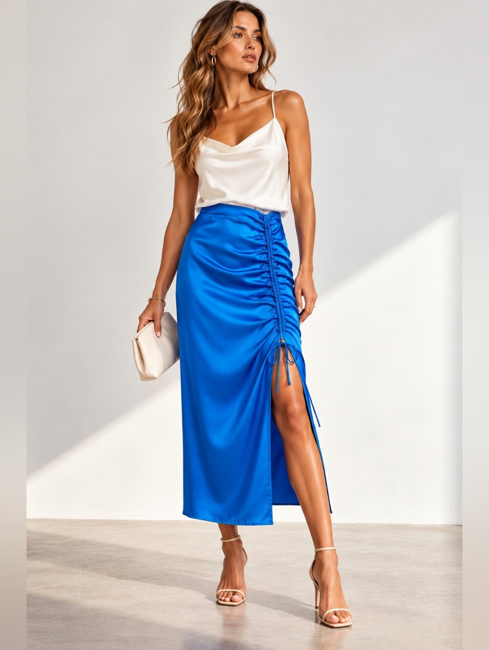 Massimo Dutti Blue Satin Ruched Midi Skirt Adjustable Slit Party Cocktail L